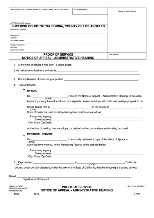 Fillable Form Laciv 234 Notice Of Appeal - Administrative Hearing Printable pdf