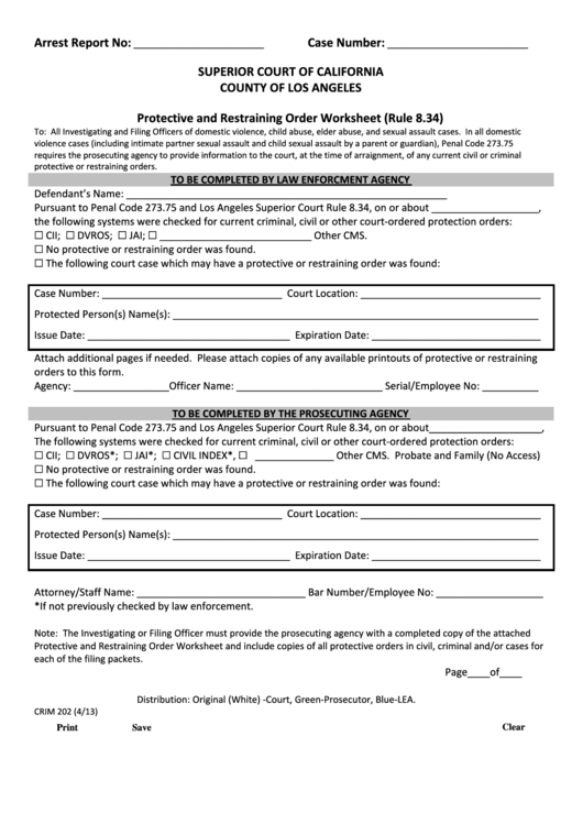 Fillable Form Crim 202 Protective And Restraining Order Worksheet (Rule 8.34) Printable pdf