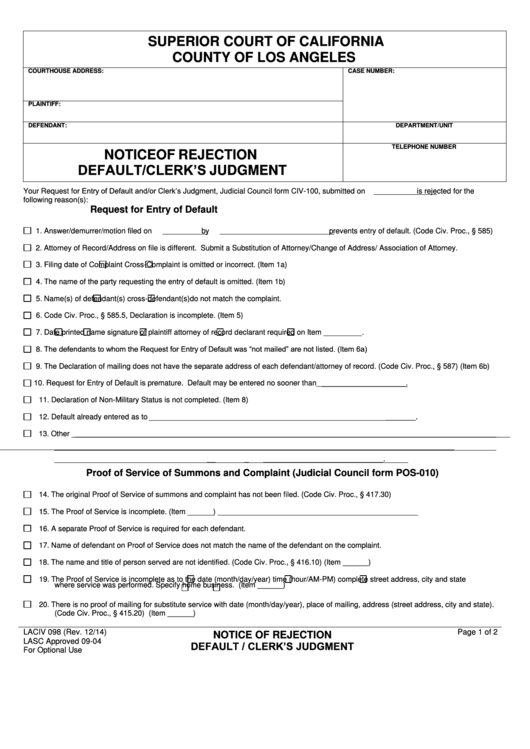 Fillable Form Laciv 098 Notice Of Rejection Default/clerk