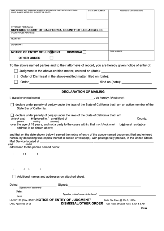 Fillable Form Laciv 123 Notice Of Entry Of Judgment / Dismissal / Other Orders Printable pdf
