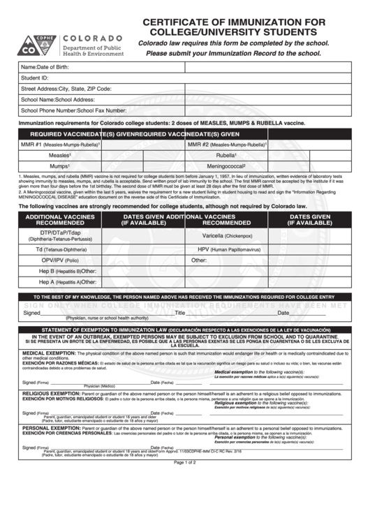Fillable Form Cdphe-Imm Ci-C Rc Certificate Of Immunization For College/university Students - Colorado Department Of Public Health & Environment Printable pdf