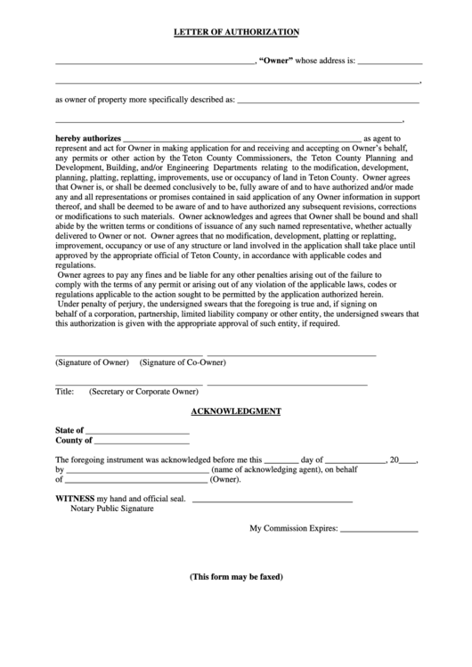 Letter Of Authorization Template- Teton County Printable pdf