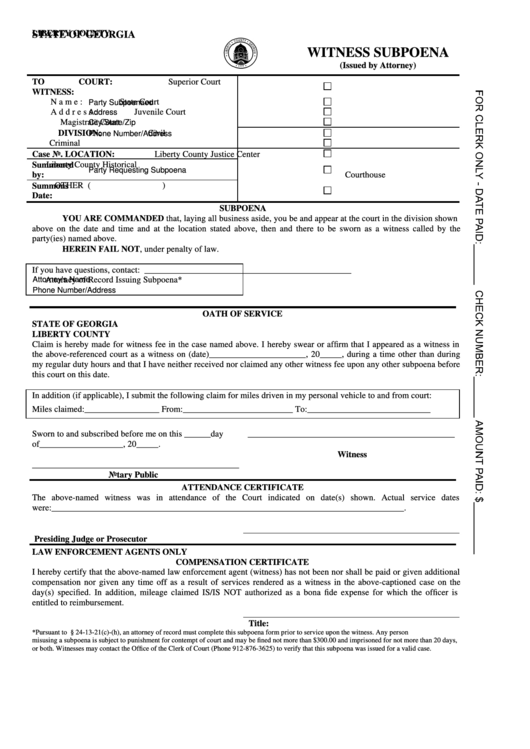 Fillable Witness Subpoena Form - Liberty County, Georgia Printable pdf