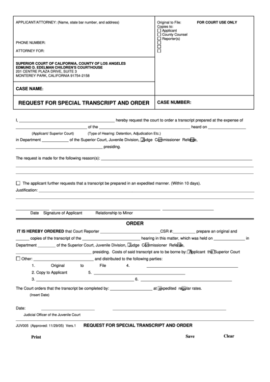 Fillable Form Juv005 Request For Special Transcript And Order Printable pdf