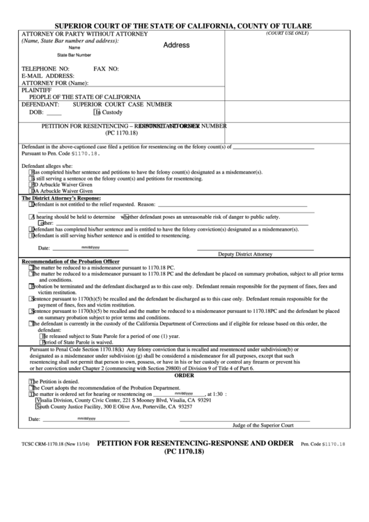 Fillable Form Tcsc Crm-1170.18 Petition For Resentencing-Response And Order - County Of Tulare Printable pdf