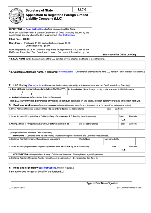 Fillable Form Llc-5 - Application To Register A Foreign Limited Liability Company (Llc) Printable pdf