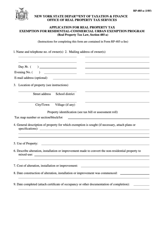 Form Rp-485-A - Application For Real Property Tax Exemption For Residential Urban Program - 2005 Printable pdf