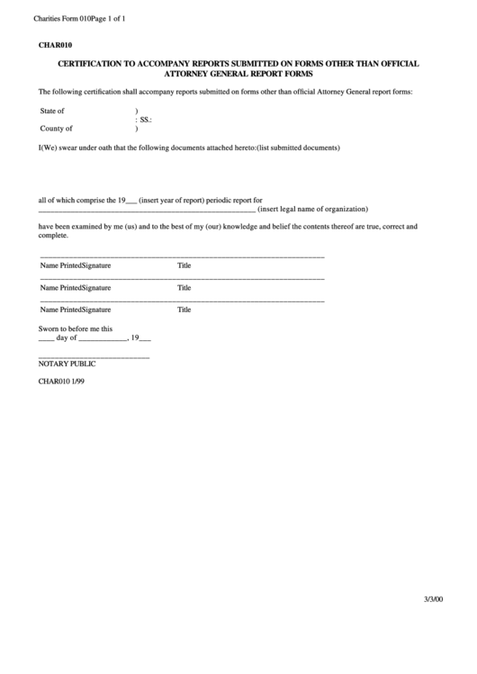 Form Char010 - Certification To Accompany Reports Submitted On Forms Other Than Official Printable pdf