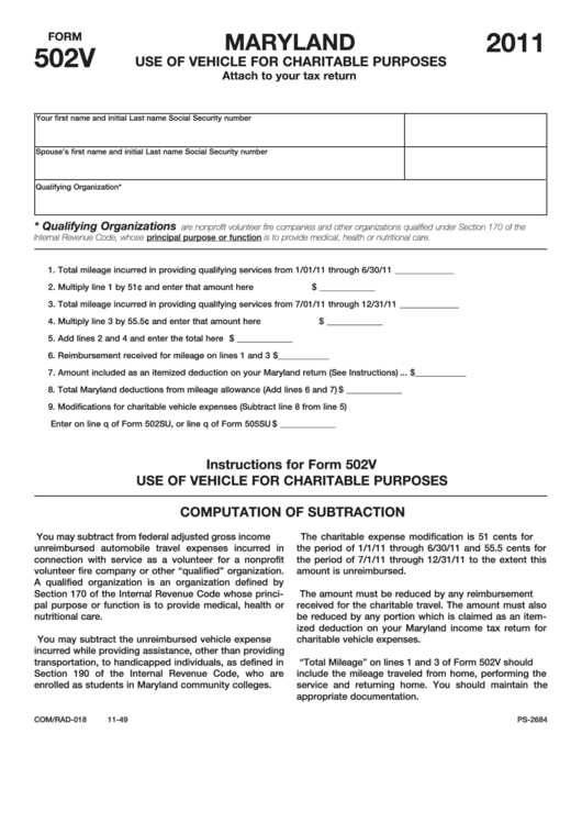 Fillable Form 502v - Maryland Use Of Vehicle For Charitable Purposes - 2011 Printable pdf