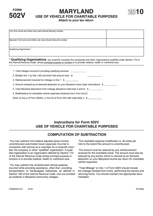 Fillable Form 502v - Maryland Use Of Vehicle For Charitable Purposes - 2010 Printable pdf