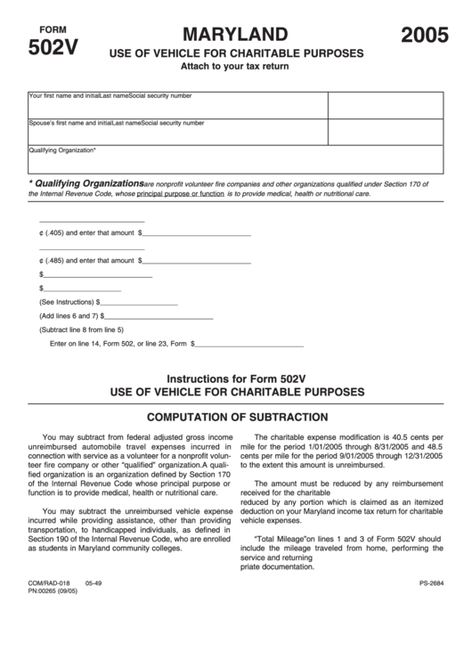 Fillable Form 502v - Maryland Use Of Vehicle For Charitable Purposes - 2005 Printable pdf