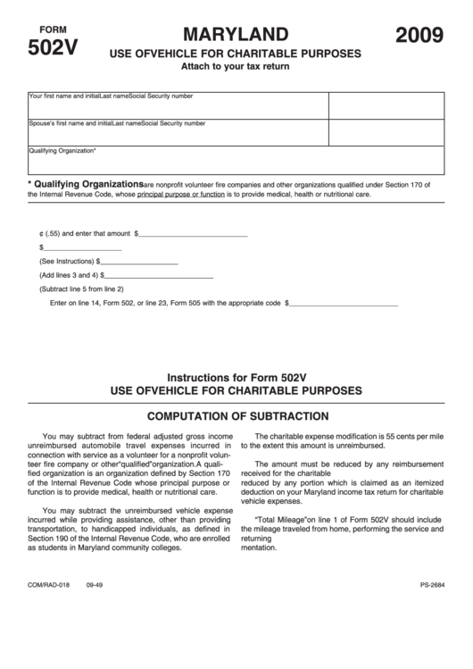 Fillable Form 502v - Maryland Use Of Vehicle For Charitable Purposes - 2009 Printable pdf