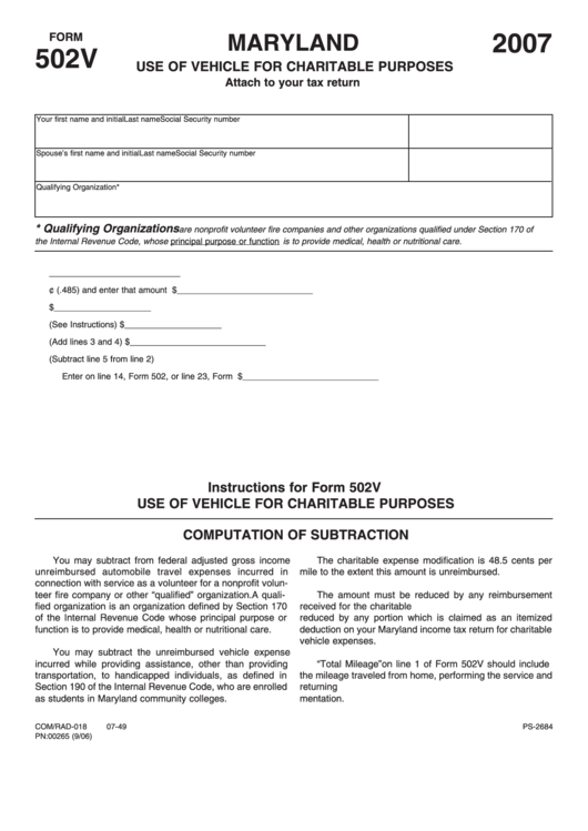 Fillable Form 502v - Maryland Use Of Vehicle For Charitable Purposes - 2007 Printable pdf