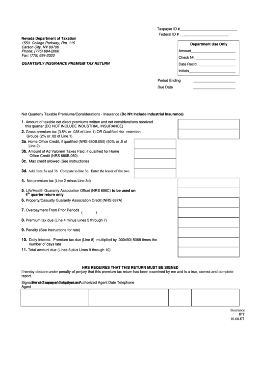 Form Ipt - Quarterly Insurance Premium Tax Return Printable pdf