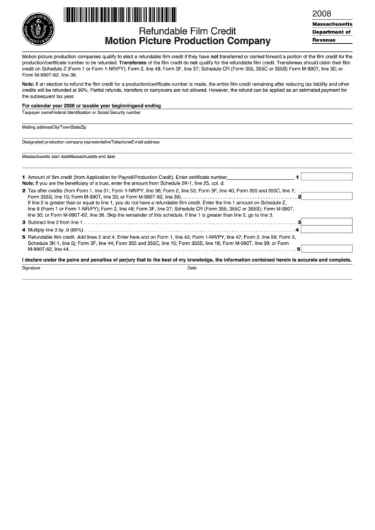 Refundable Film Credit Form Motion Picture Production Company - Massachusetts Department Of Revenue - 2008 Printable pdf