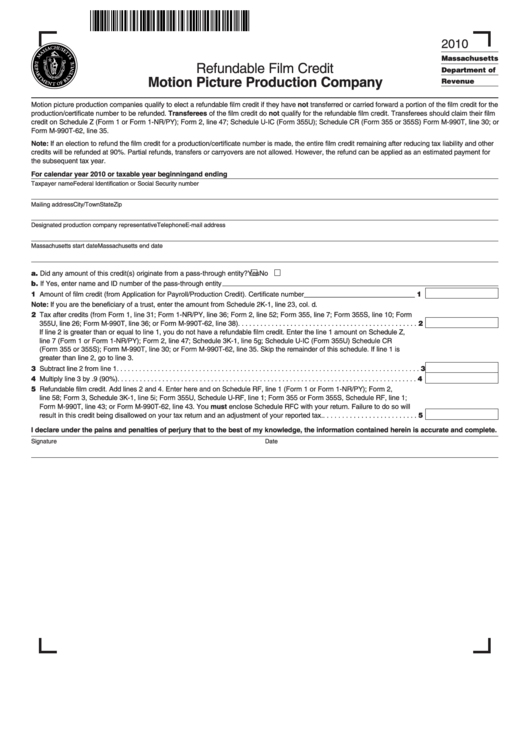 Refundable Film Credit Form Motion Picture Production Company - 2010 Printable pdf