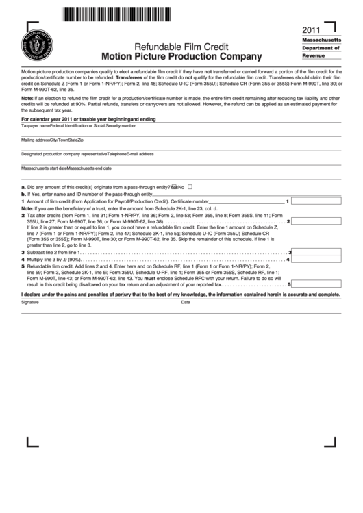 Refundable Film Credit Form Motion Picture Production Company - 2011 Printable pdf