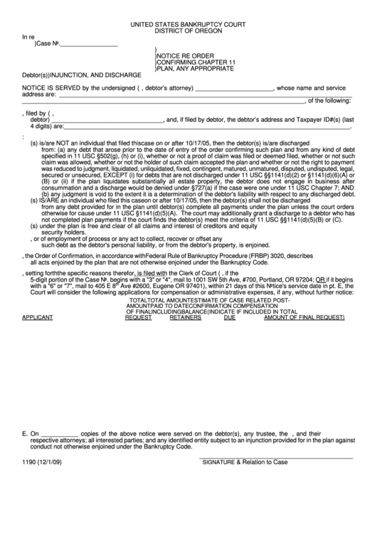 Fillable Notice Re Order Confirming Chapter 11 Plan, Any Appropriate Injunction, And Discharge Template Printable pdf