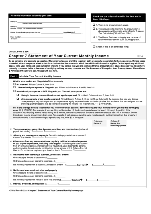 Fillable Official Form B 22a1 - Chapter 7 Statement Of Your Current Monthly Income Printable pdf