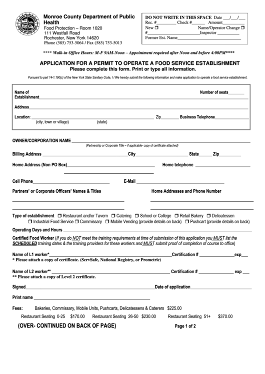 Application For A Permit To Operate A Food Service Establishment Form - Monroe County Department Of Public Health Printable pdf