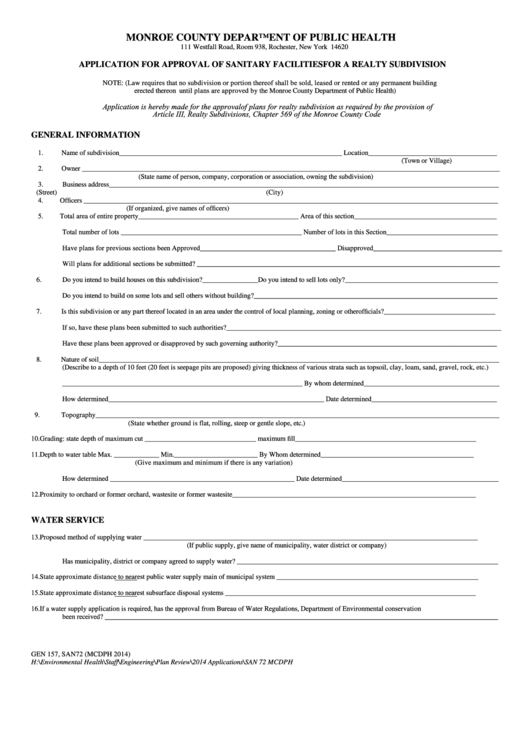 Application For Approval Of Sanitary Facilities For A Realty Subdivision Form - Monroe County Department Of Public Health Printable pdf