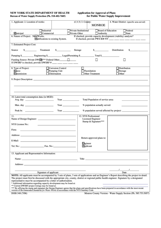 Form Doh-348 Application For Approval Of Plans For Public Water Supply Improvement - New York State Department Of Health Printable pdf