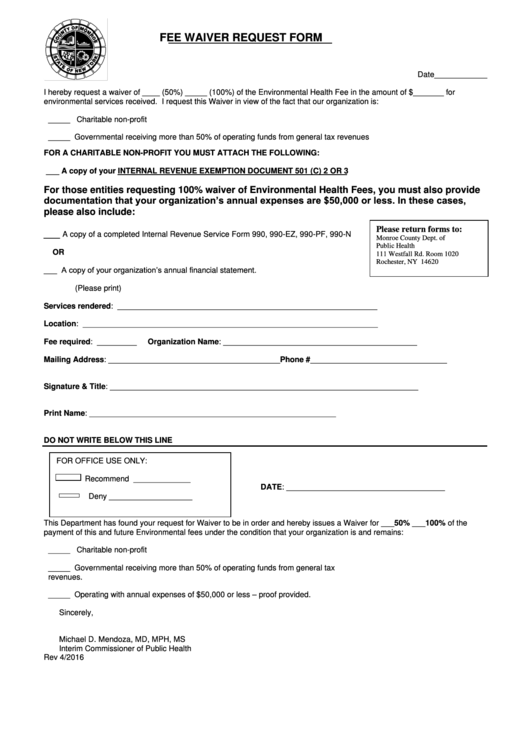 Fee Waiver Request Form - Monroe County Dept. Of Public Health Printable pdf