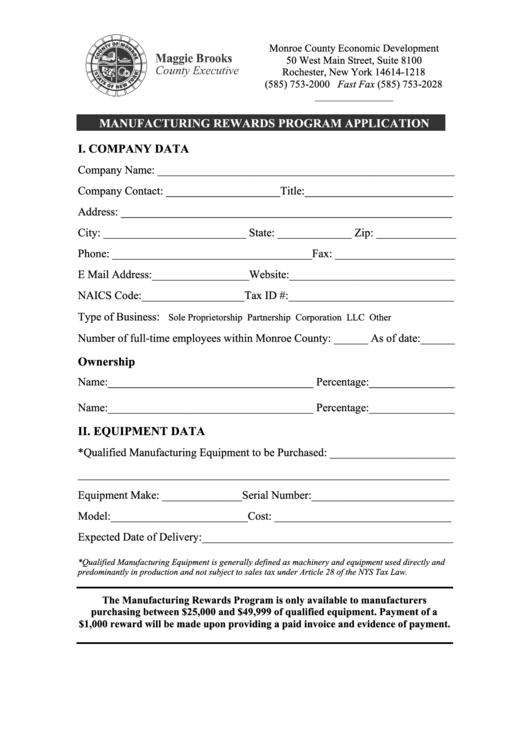 Fillable Manufacturing Rewards Program Application Form - Monroe County Economic Development Printable pdf