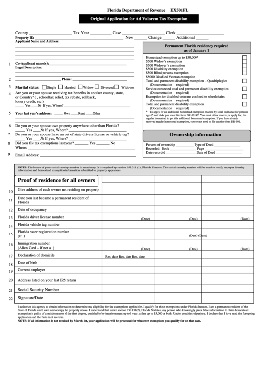 Original Application For Ad Valorem Tax Exemption Form - Florida Department Of Revenue Printable pdf