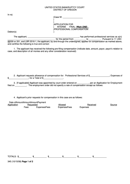 Fillable Application For Interim / Final Professional Compensation Form Printable pdf