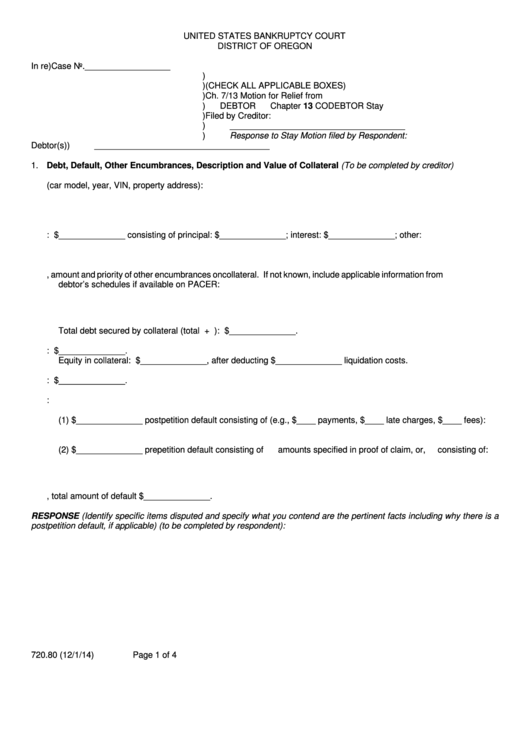Fillable Ch. 7/13 Motion For Relief From Debtor / Chapter 13 Codedebtor Stay Form Printable pdf