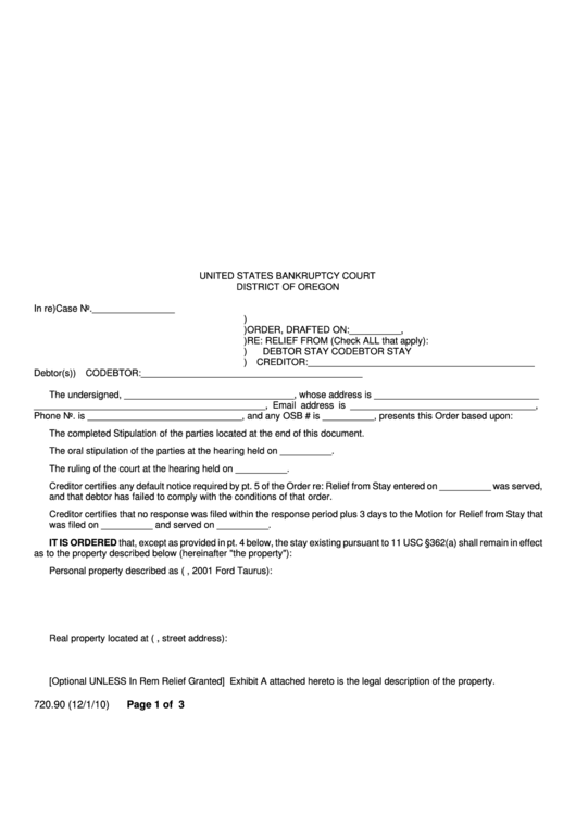 Fillable Relief From Debtor Stay / Codedebtor Stay Form - United States Bankruptcy Court District Of Oregon Printable pdf