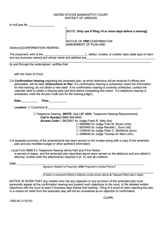 Fillable Notice Of Pre-Confirmation Amendment Of Plan And Confirmation Hearing Form Printable pdf
