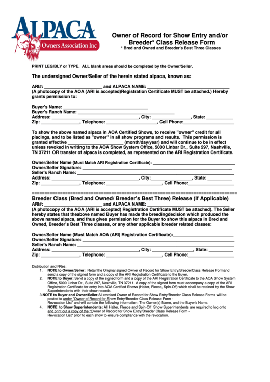 Fillable Owner Of Record For Show Entry And/or Breeder* Class Release Form Printable pdf