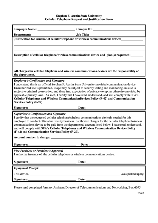 Cellular Telephone Request And Justification Form Printable pdf