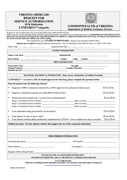 Form Dmas-P224 - Virginia Medicaid Request For Service ...