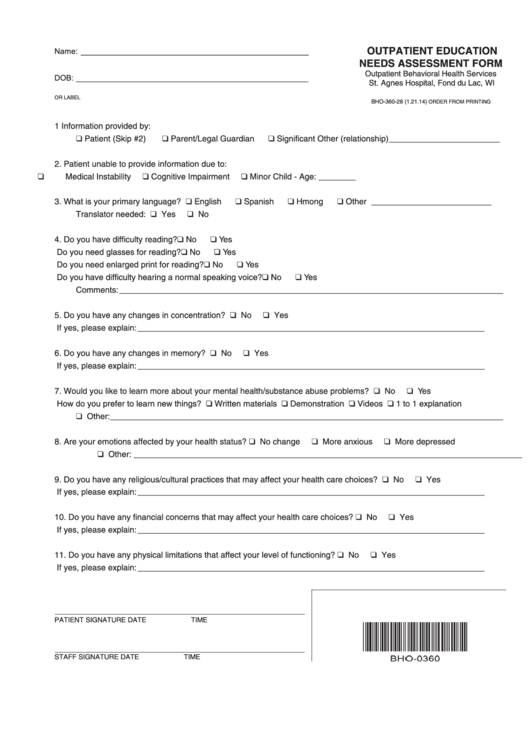 Form Bho-360-28 - Outpatient Education Needs Assessment Form Printable pdf