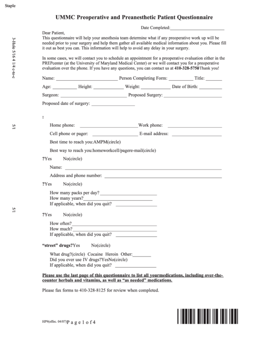 Form Hp9 - Ummc Preoperative And Preanesthetic Patient Questionnaire Form Printable pdf