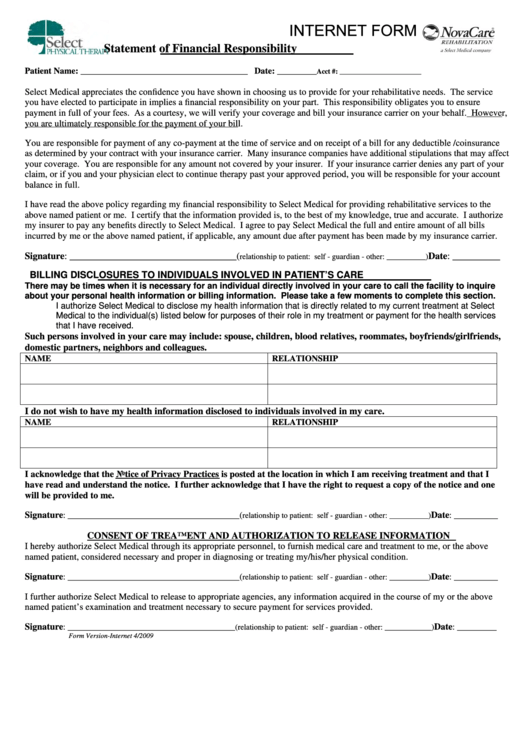 Statement Of Financial Responsibility Form - 2009 Printable pdf