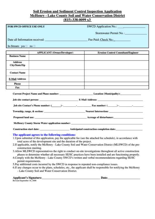 Soil Erosion And Sediment Control Inspection Application Form - Mchenry - Lake County Soil And Water Conservation District Printable pdf