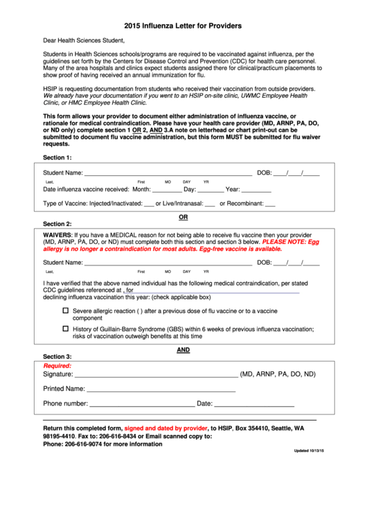 2015 Influenza Letter Template For Providers Printable pdf