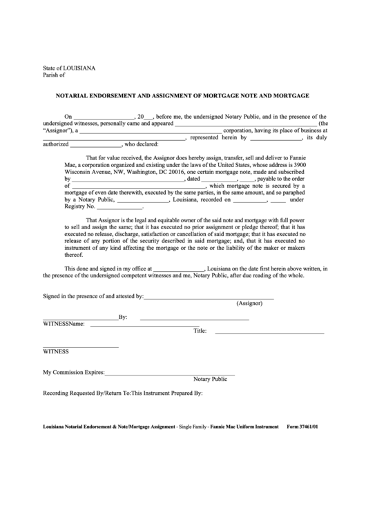 Notarial Endorsement And Assigment Of Mortgage Note And Mortgage Form - State Of Louisiana Printable pdf