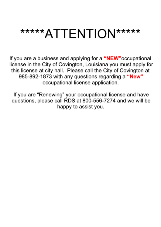 Fillable Application For Occupational License - City Of Covington, La Printable pdf