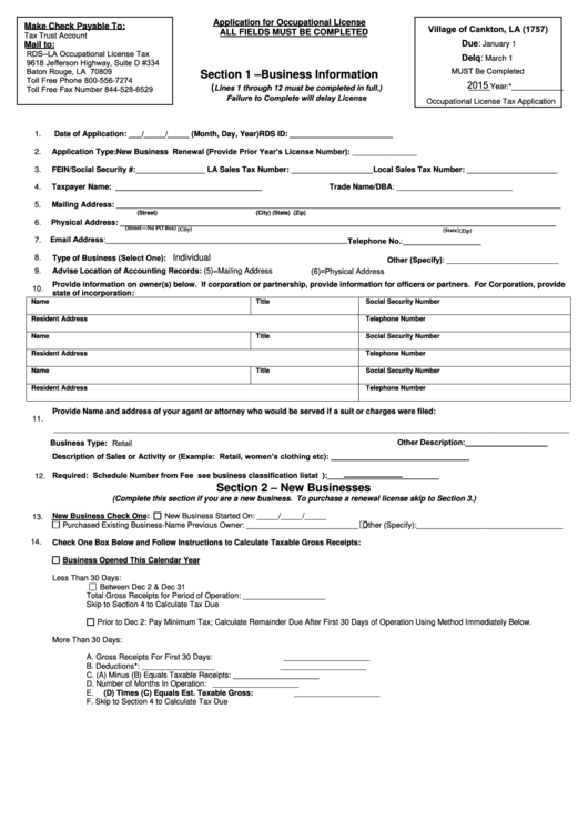 Fillable Application For Occupational License - Village Of Cankton, La Printable pdf