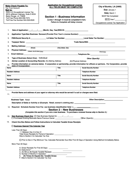 Fillable Application For Occupational License - City Of Bunkie, La Printable pdf