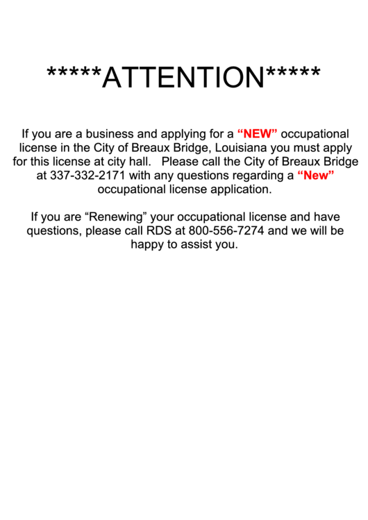 Fillable Application For Occupational License - City Of Breaux Bridge, La Printable pdf