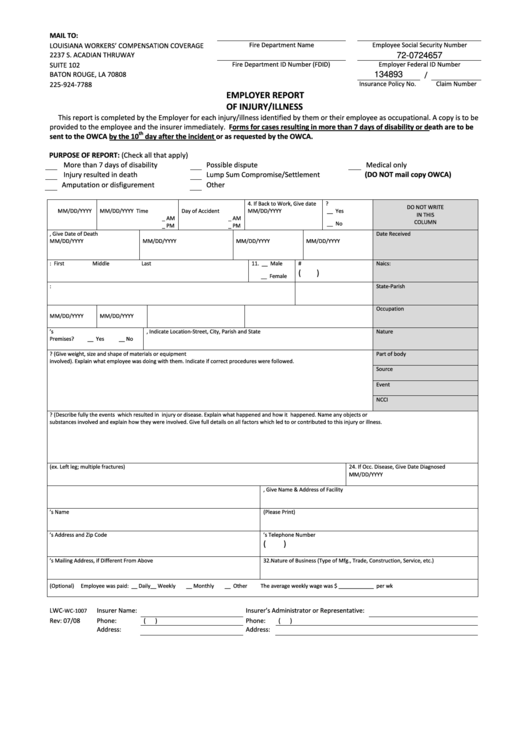 Fillable Form Lwc-Wc-1007 - Employer Report Of Injury/illness Printable pdf