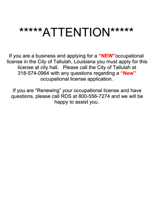 Fillable Application For Occupational License - City Of Tallulah, La Printable pdf