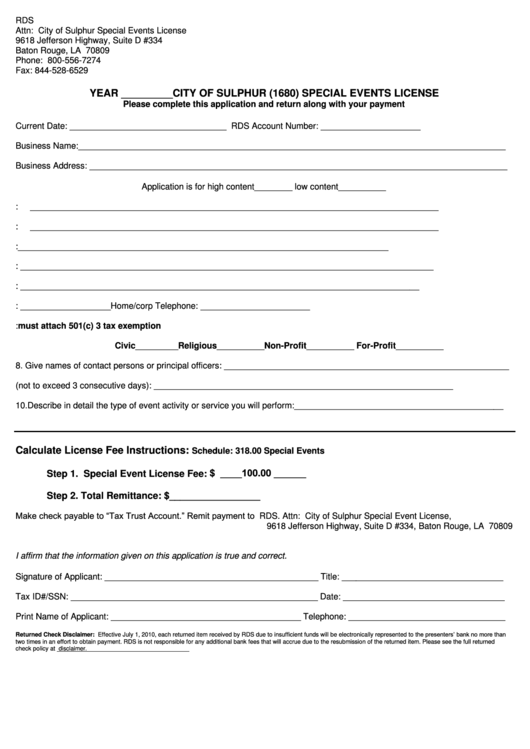 Special Events License Form/affidavit Of Character/liquor License Application Criminal Record Check - City Of Sulphur Printable pdf