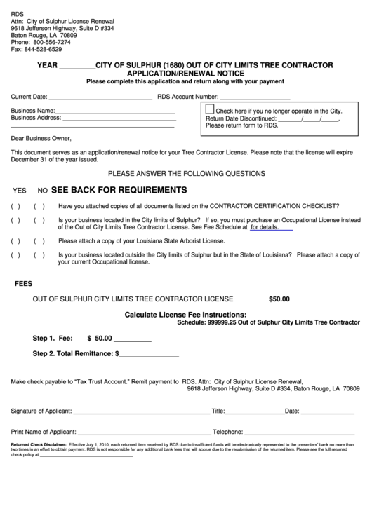 Out Of City Limits Tree Contractor Application/renewal Notice - City Of Sulphur Printable pdf